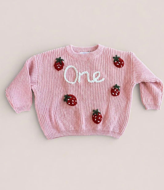 Strawberry Berry First 1st Birthday Embroidered Jumper